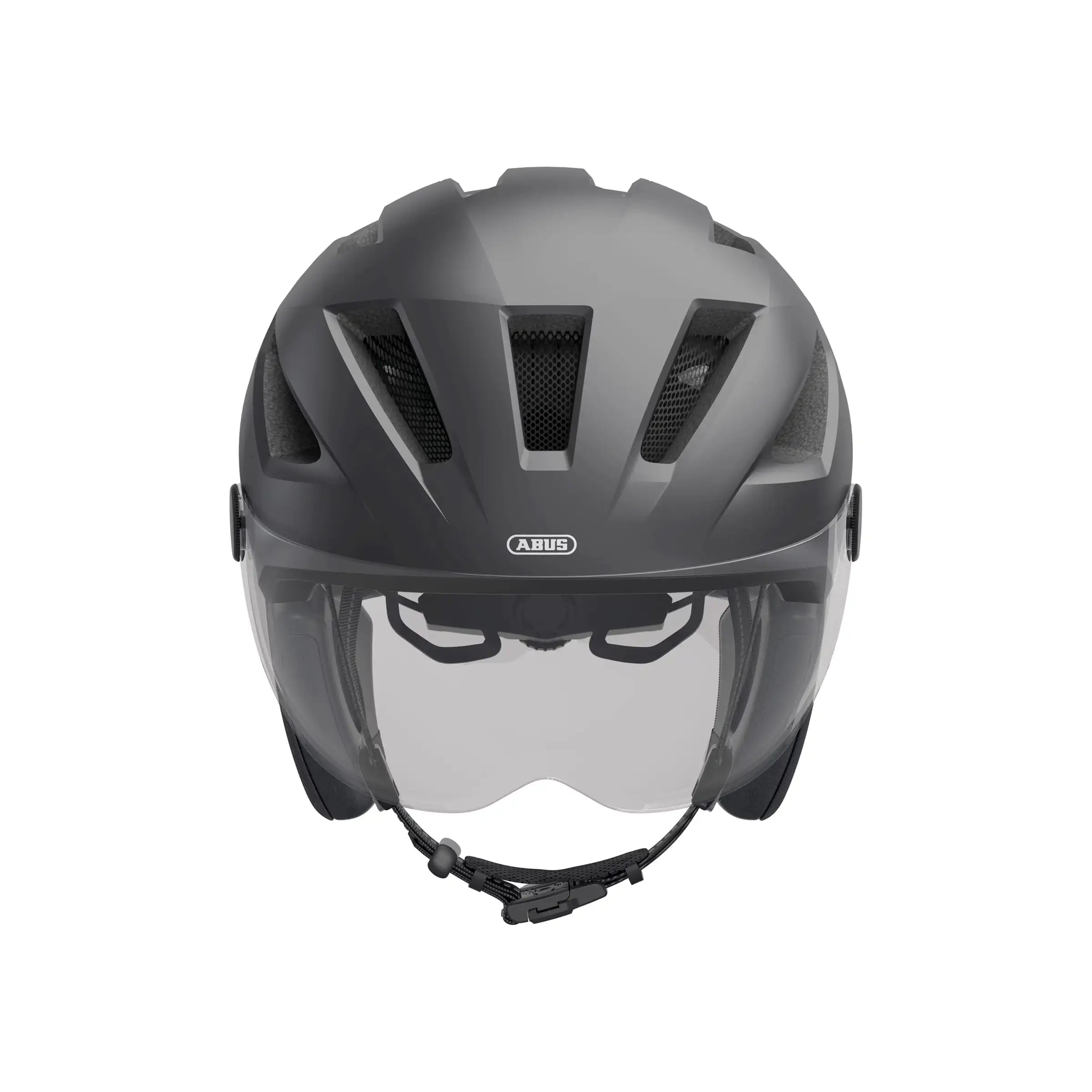 Abus Pedelec 2.0 Ace snelheidshelm met regenkap, oplaadbare lamp en ventilatiegaten voor comfortabel fietsen.