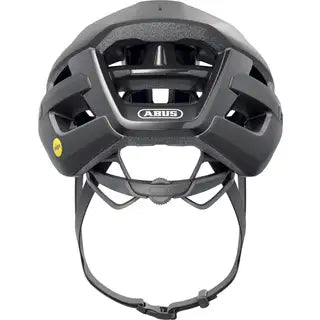 Abus Powerdome Mips racefietshjelm in zwart met ventilatieopeningen, gemaakt in Italië, voor wielrenners.