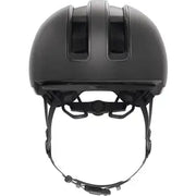 Abus Hud-Y Urban E-bike helm met oplaadbare magnetische achter-LED en verstelbare pasvorm, zwart met reflecterende details.