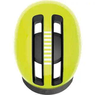Abus Hud-Y urban e-bike helm met oplaadbare magnetische achter-LED en ventilatiegaten, comfortabel en veilig voor stadsritten.