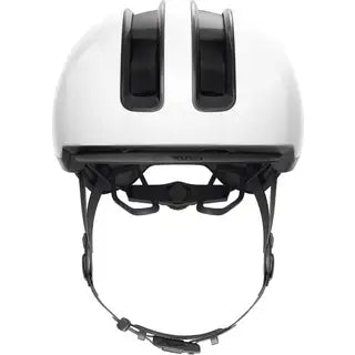 Abus Hud-Y Urban E-bike helm met oplaadbare magnetische achter-LED en ventilatieopeningen, geschikt voor stadsfietsen.