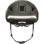 Abus Hyp-E slimme speed pedelec helm met geïntegreerde verlichting en aerodynamisch ontwerp, zichtbaar van de voorkant.