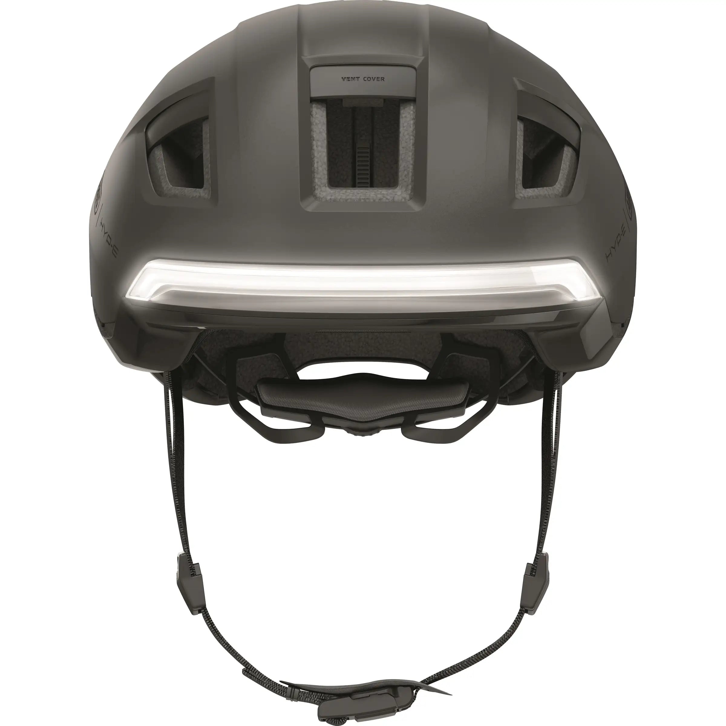 Abus Hyp-E slimme speed pedelec helm met geïntegreerde verlichting en aerodynamisch ontwerp, zichtbaar van de voorkant.