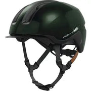 Abus Hud-Y Urban E-bike helm met magnetische USB-LED verlichting, zwart met reflecterende details, comfortabel en veilig voor stadsritten.