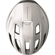 Abus racefiets helm Powerdome, gemaakt in Italië, met ventilatie en zoom-ace ontwerp voor wielrenners.
