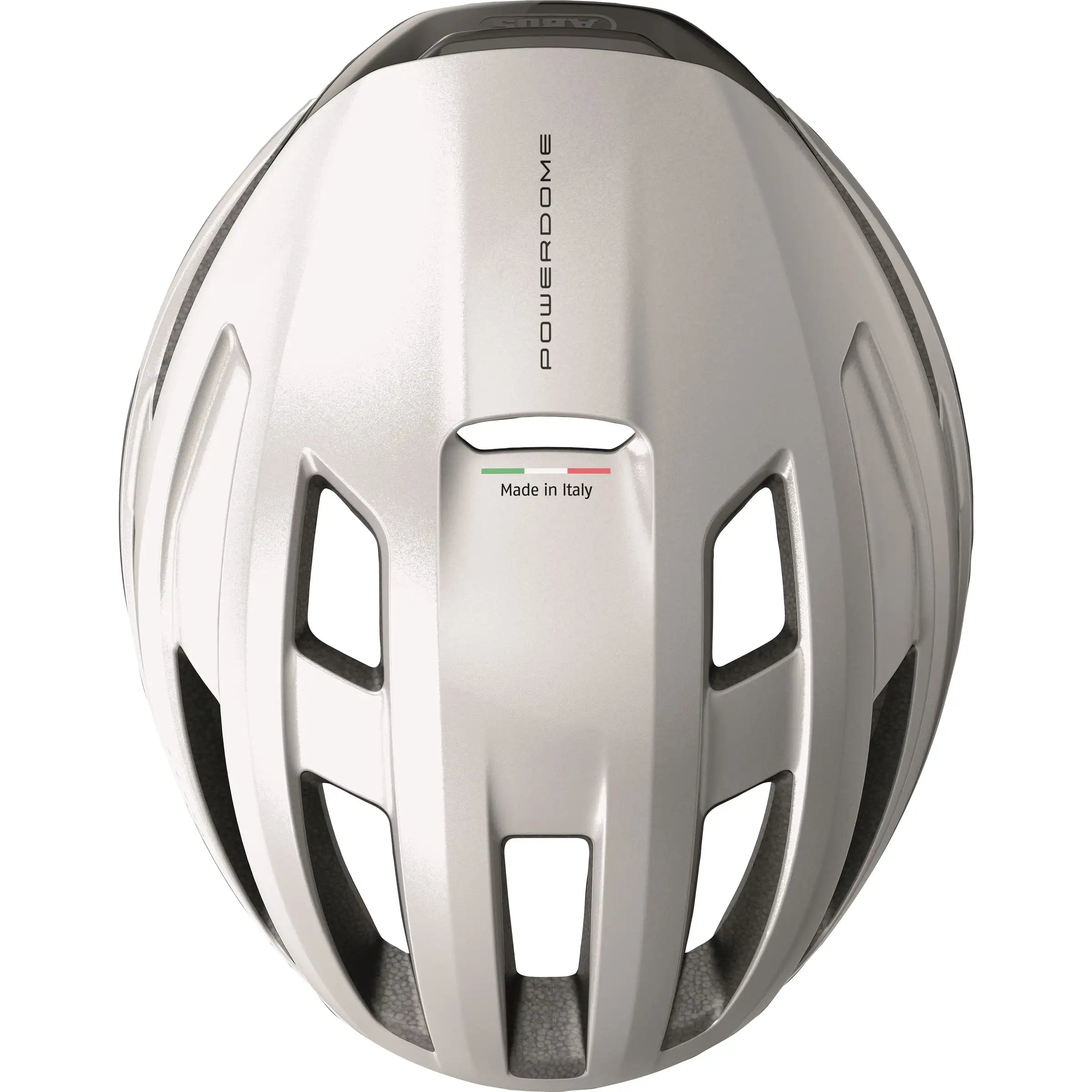 Abus racefiets helm Powerdome, gemaakt in Italië, met ventilatie en zoom-ace ontwerp voor wielrenners.