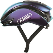 Abus Gamechanger 2.0 Aero Blade racefietshelm met aerodynamisch ontwerp en ventilatie, zichtbaar van voren in zwart.