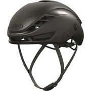 Abus Gamechanger 2.0 Mips racefietshelm met aerodynamisch ontwerp en ventilatieopeningen, zwart gekleurd, op een witte achtergrond