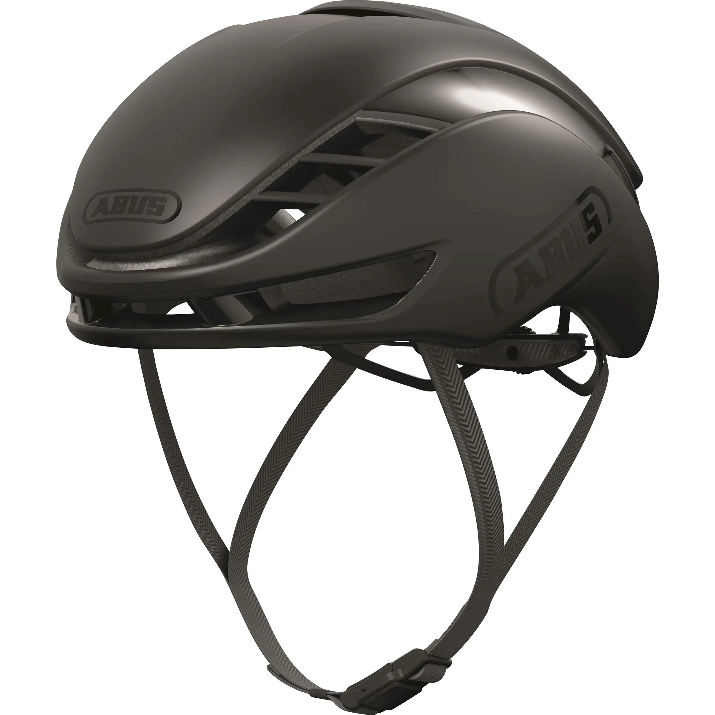 Abus Gamechanger 2.0 Mips racefietshelm met aerodynamisch ontwerp en ventilatieopeningen, zwart gekleurd, op een witte achtergrond