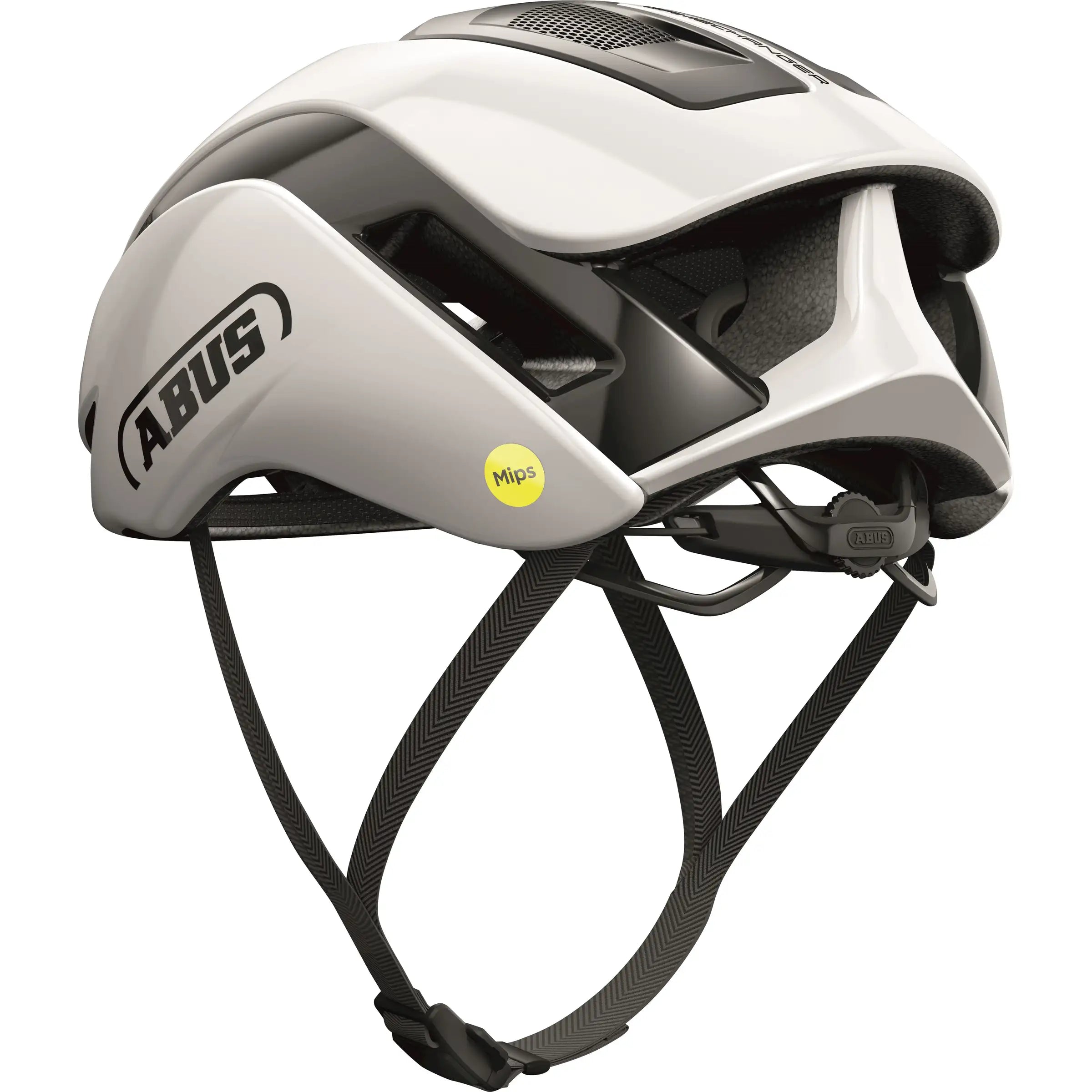 Abus Gamechanger 2.0 Mips racefietshelm met aerodynamisch ontwerp en ventilatieopeningen, geschikt voor wielrennen.