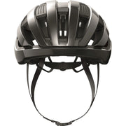 Abus Wingback racefietshelm met aerodynamisch ontwerp en ventilatiegaten, geschikt voor wielrenners, in zwart met witte details.