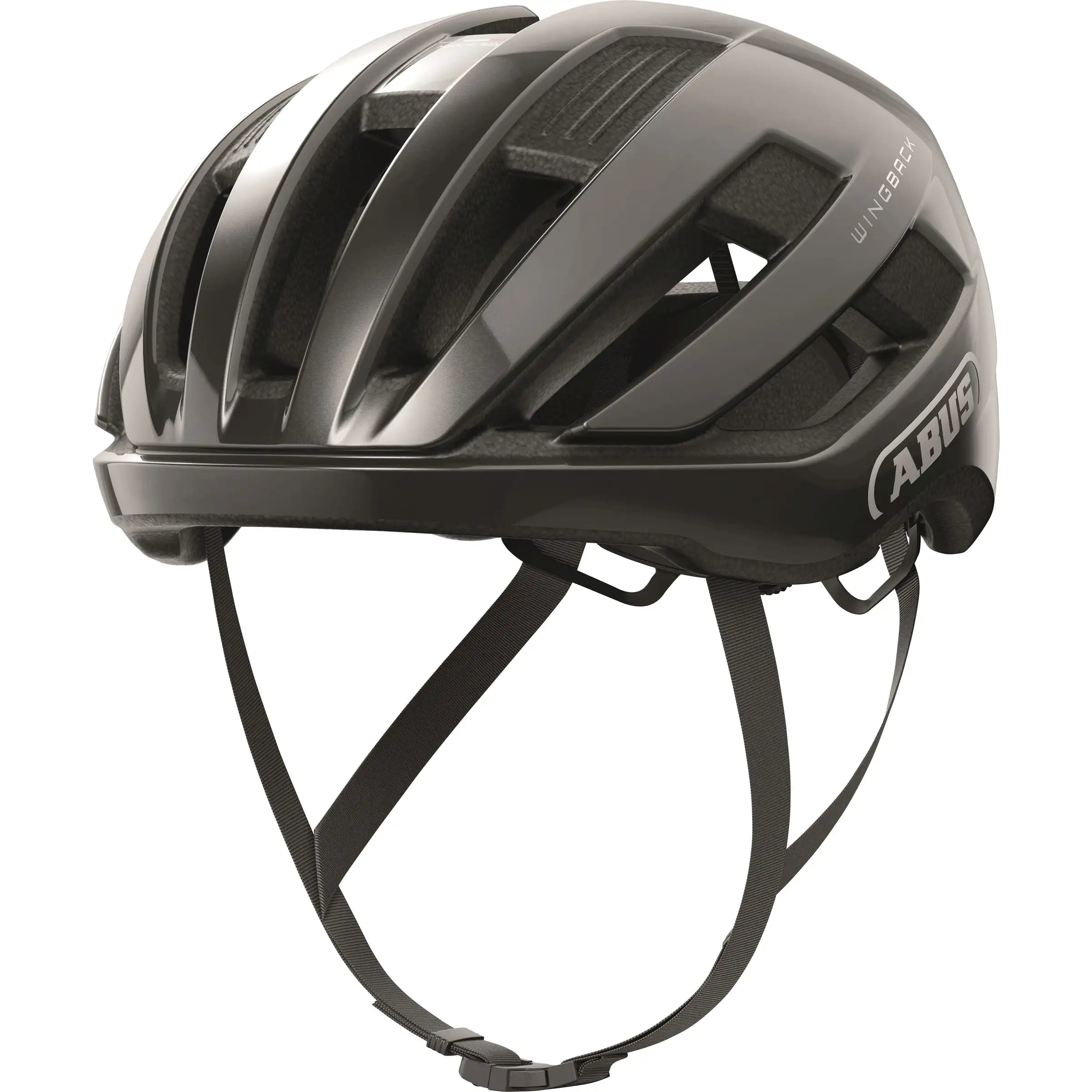 Abus Wingback racefietshelm met aerodynamisch ontwerp en ventilatiegaten, geschikt voor wielrenners, op een witte achtergrond.