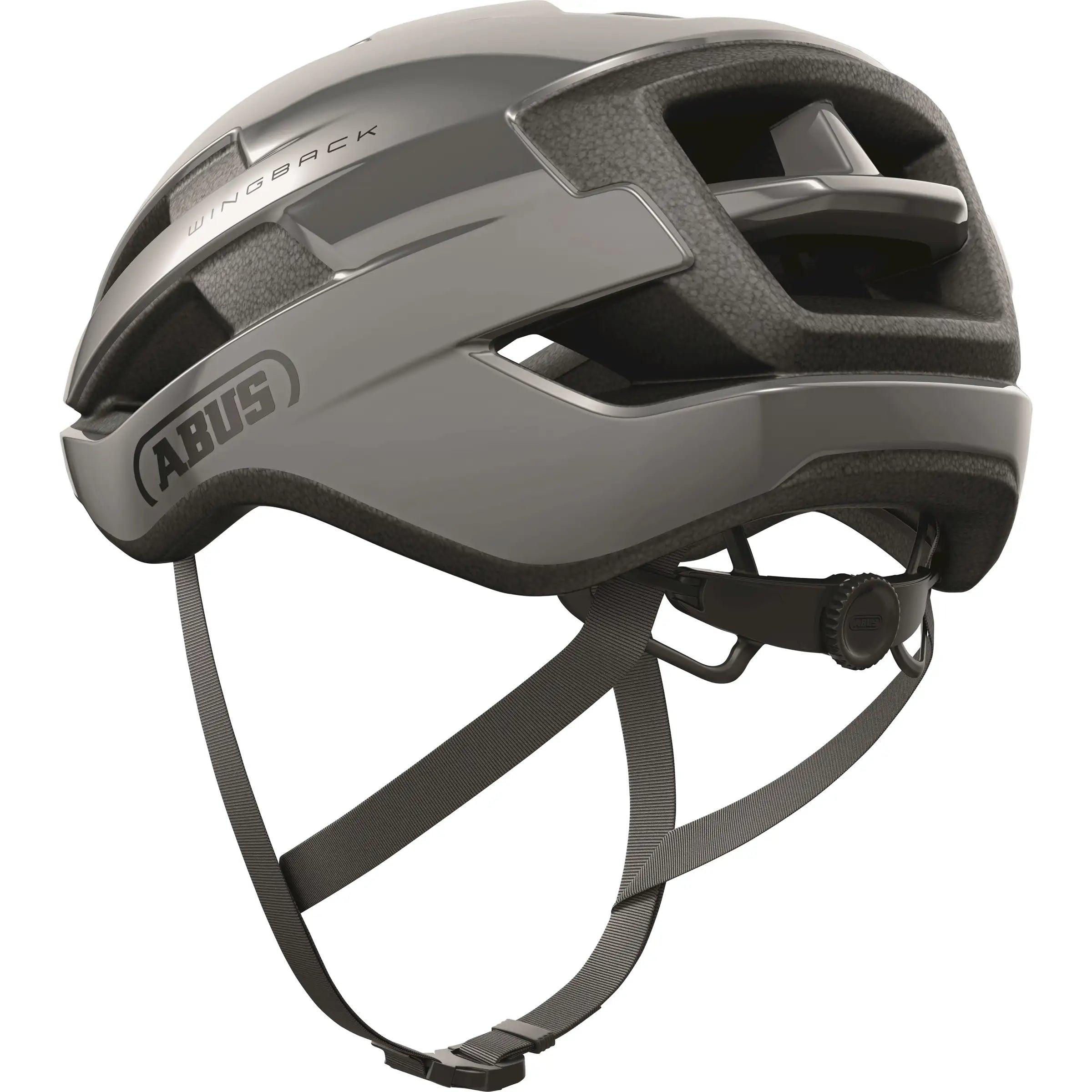 Abus Wingback racefietshelm in zwart met aerodynamisch ontwerp en ventilatieopeningen, geschikt voor wielrenners.