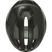 Abus Wingback racefietshelm in zwart met ventilatiegaten en verstelbare riem, ontworpen voor wielrenners.