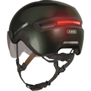 Abus Hud-Y Ace speed pedelec helm met geïntegreerd vizier en USB-achterlicht, lichte en veilige fietshandschoen.