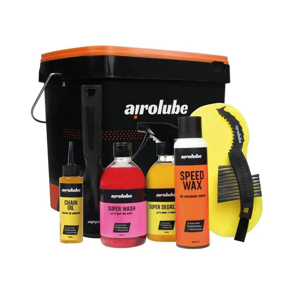Airolube Cleanest Bike Essentials onderhoudspakket met 8 liter schoonmaakmiddelen en gereedschap voor fietsreiniging en onderhoud
