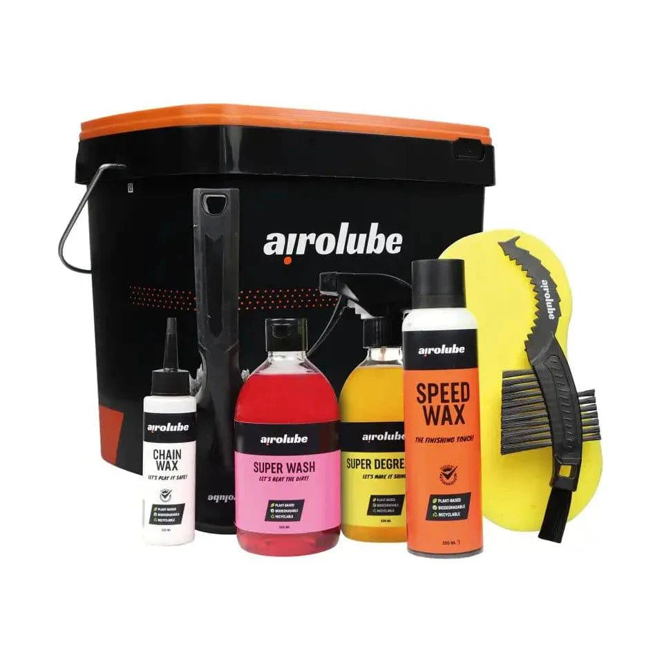 Airolube Bike Essentials Wax 8 liter emmer met plantgebaseerd onderhoudspakket en schoonmaakset voor fietsen.
