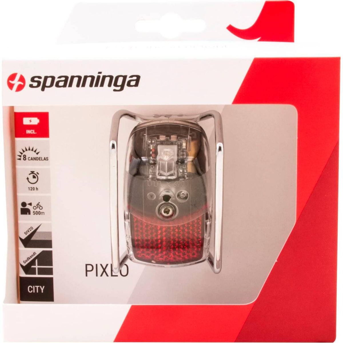 Spanninga Pixeo Xb achterlicht met batterij, chroom afwerking, geschikt voor spatborden, zichtbaar in de afbeelding.