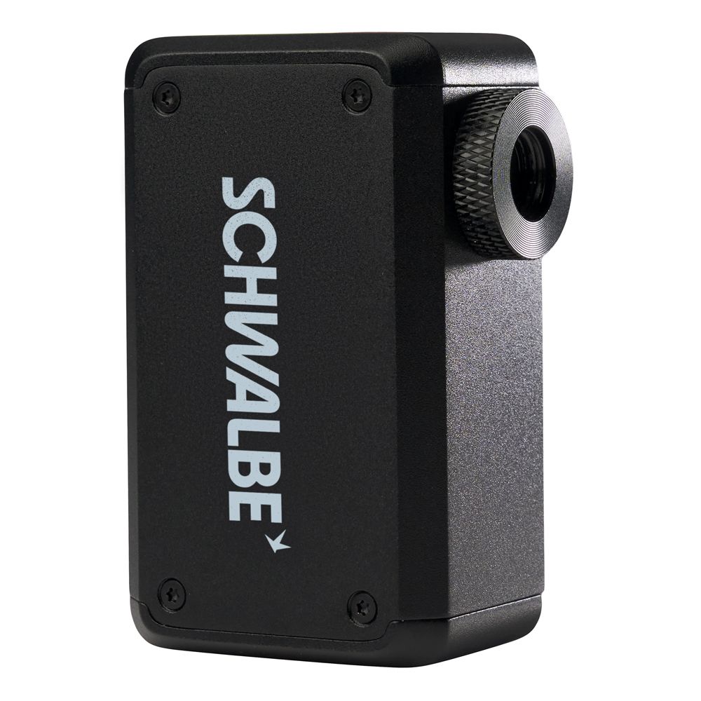 Zwarte Schwalbe E-Micro Mini-pomp met SCV-adapter voor elektrische bandpomp, compact en geschikt voor fietsbanden.