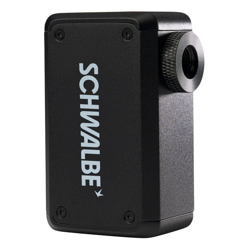 Zwarte Schwalbe E-Micro Minipomp met SCV-adapter, elektrische fietspomp voor snel en eenvoudig oppompen.