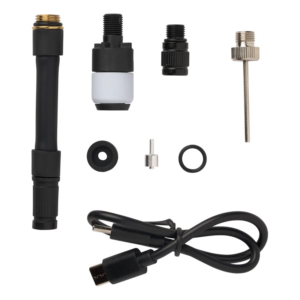 Zwarte Schwalbe E-Micro Minipomp met SCV-adapter voor elektrische bandenpomp, compact en gebruiksvriendelijk.