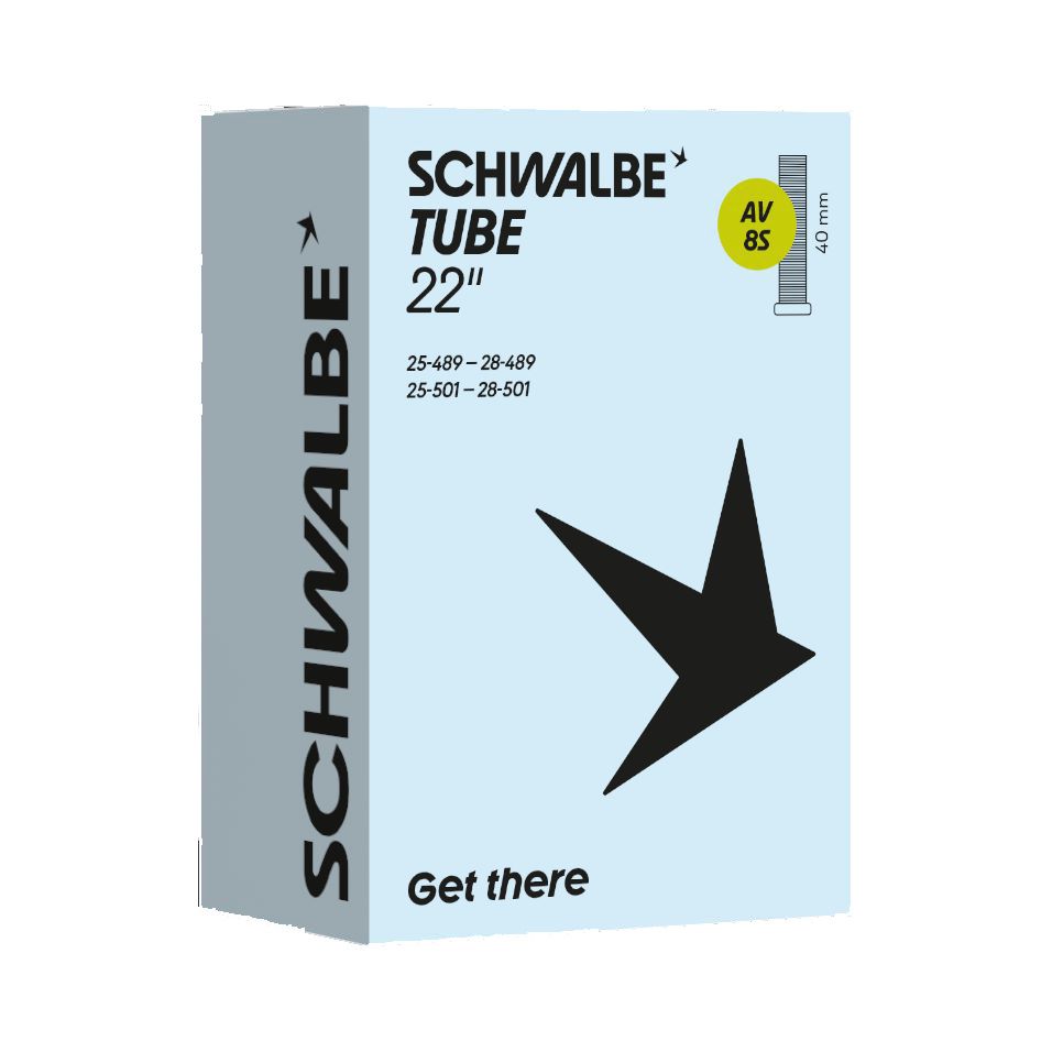 Schwalbe binnenband 22 inch AV8A 22 x 1.00 tot 1 1/8 AV 40mm, geschikt voor fietsbanden, zichtbaar in de afbeelding.
