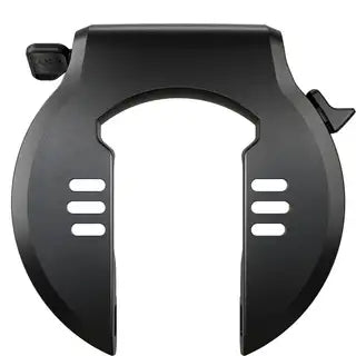 Robuuste Axa Ringslot Solid Plus en accu slot voor Bafang e-bike, zwart metalen beveiligingsslot op een fiets bevestigd