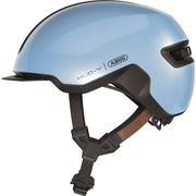 Abus Hud-Y E-bike helm met magnetische USB-LED verlichting, zwart, verstelbare pasvorm en ventilatieopeningen voor veilig fietsen.