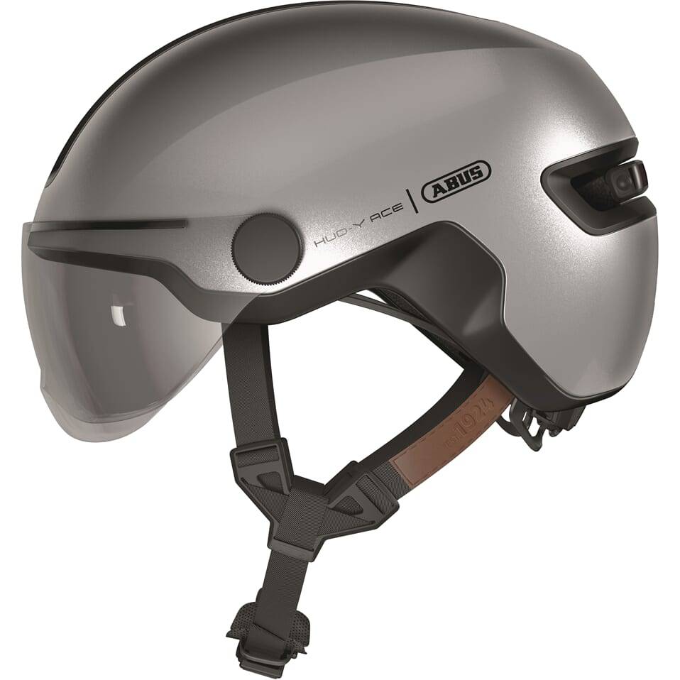 Abus Hud-Y Ace speed pedelec fietshelm met geïntegreerd vizier en USB-achterlicht, lichte en veilige fietshelm voor snelweggebruik.