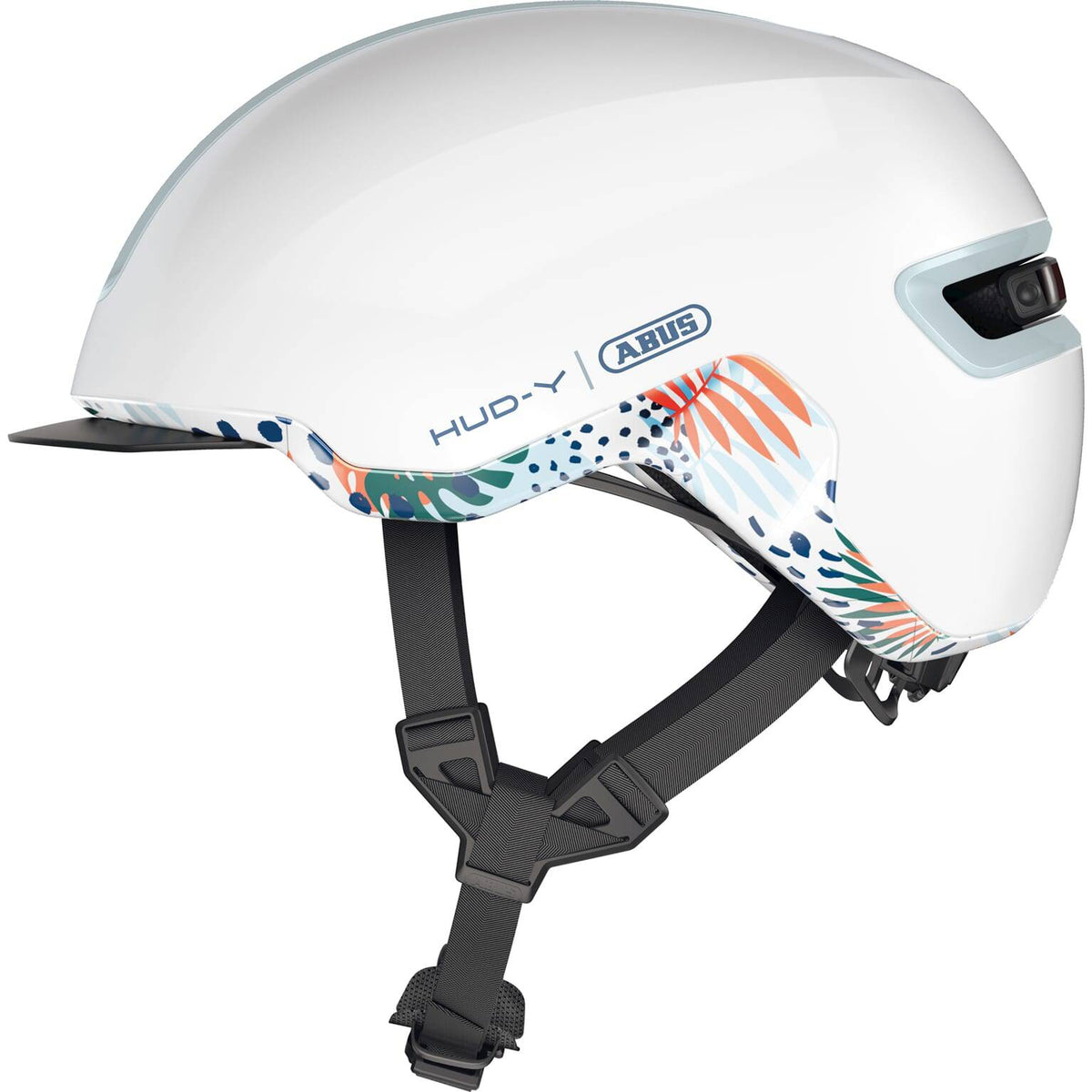 Abus Hud-Y Flower E-bike helm in wit met bloemendessin, verstelbare fietshelm voor dames en heren