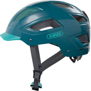 Abus Hyban 2.0 E-bike helm met geïntegreerd LED-achterlicht, zwart met ventilatieopeningen en verstelbare riem.