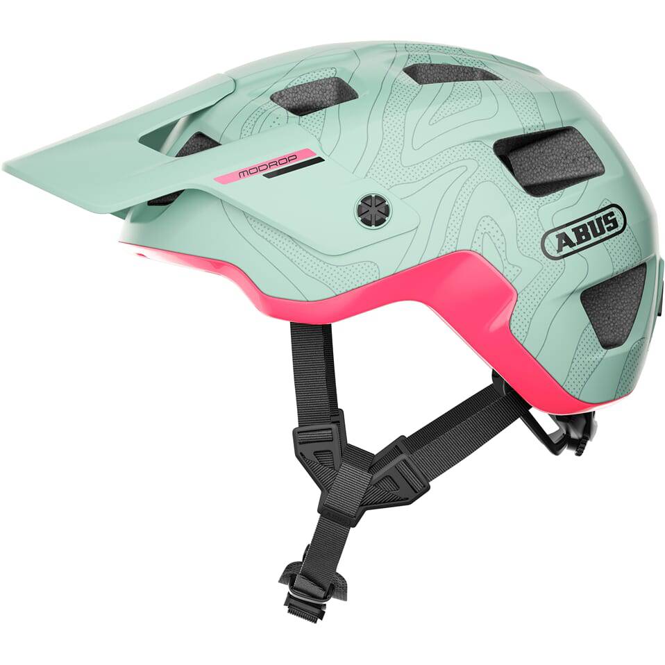 Abus MTB fietshelm Modrop met ventilatieopeningen en verstelbare riem, ontworpen voor mountainbikers.