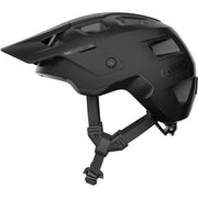 Abus Modrop MTB fietshelm met ventilatieopeningen en verstelbare riem, zwart en grijs, voor veilig mountainbiken.