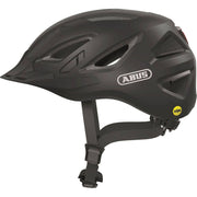 Abus Urban-I 3.0 Mips E-bike helm in zwart, met ventilatieopeningen en verstelbare riem voor veilig fietsen.