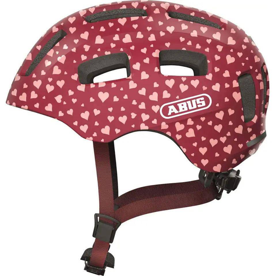 Abus Youn-I 2.0 Cherry Heart kinderfietshelm met rode hartmotief en verstelbare veiligheidsriemen
