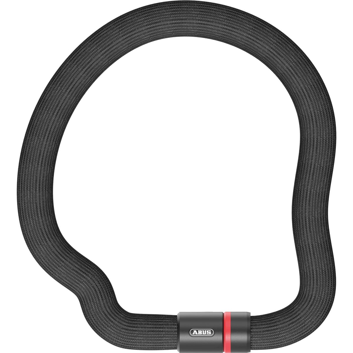 Zwart Abus Goose Lock 6206 Kettingslot, kabelslot van 85 cm met 6 mm dikte, ligt uitgerold op een wit oppervlak.