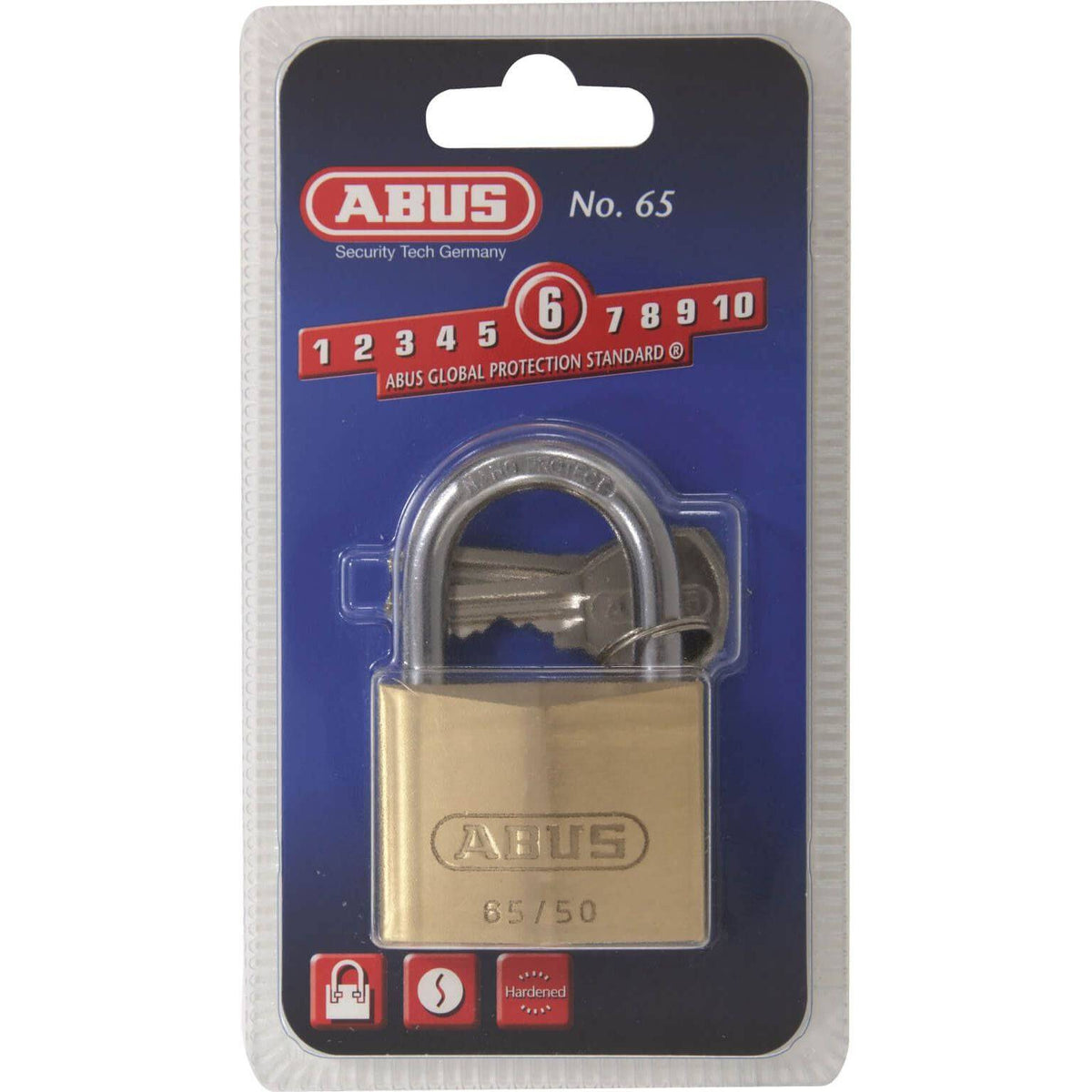 Abus 65 hangslot van messing, 50mm, geschikt voor beveiliging, zichtbaar in de afbeelding met het slot en ketting.