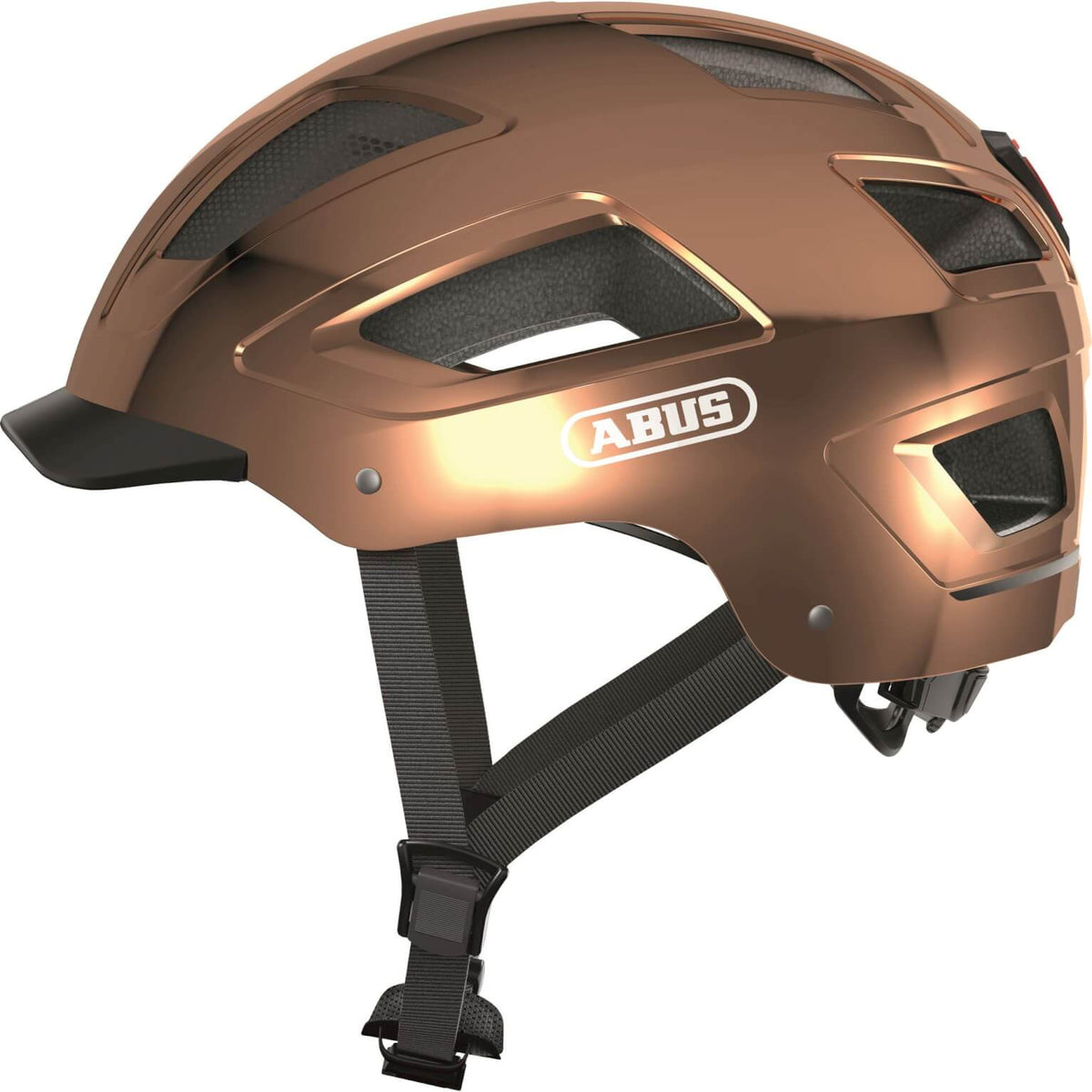 Abus Hyban 2.0 E-bike helm in chrome roze, maat M (52-58 cm), met ventilatiegaten en verstelbare sluiting.