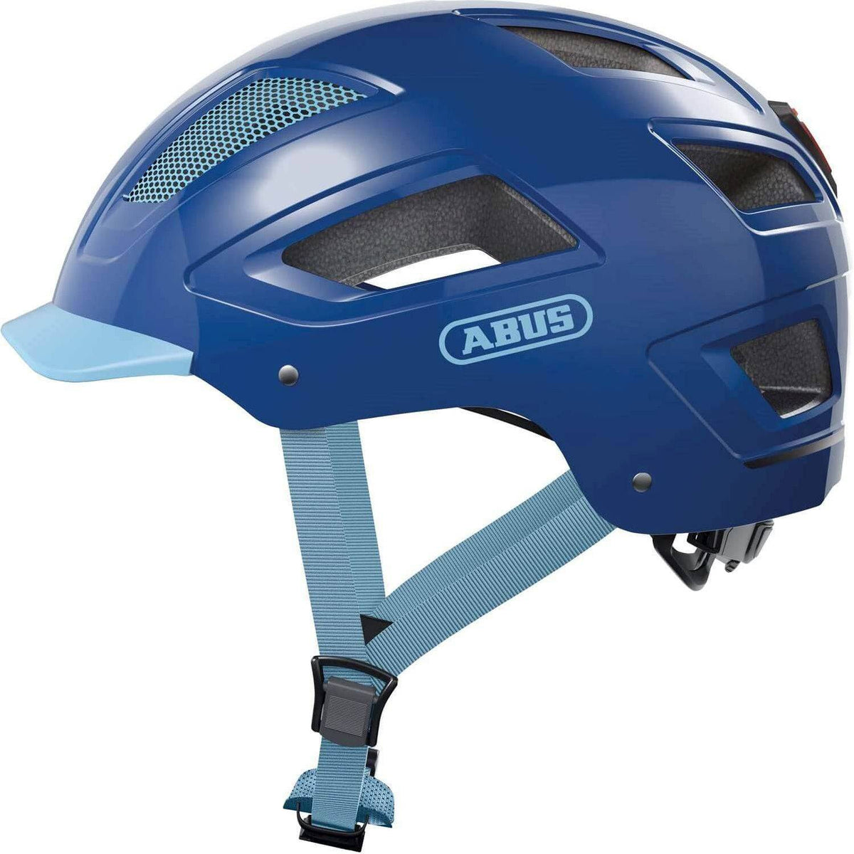 Abus Hyban 2.0 E-bike helm met geïntegreerd LED-achterlicht, blauwe kleur en ventilatieopeningen voor veilig fietsen.