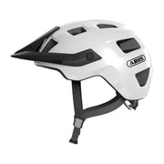 Abus Motrip MTB fietshelm met diepe pasvorm, glanzend witte kleur en ventilerende design voor mountainbiken.