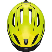 Abus Pedelec 2.0 Speed Pedelec helm in signal geel met ingebouwde oplaadbare lamp, veilig en opvallend voor fietsers.