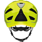 Abus Pedelec 2.0 Speed Pedelec fietshelm in geel met oplaadbare LED-lamp, veilig en lichtgewicht voor fietsers.