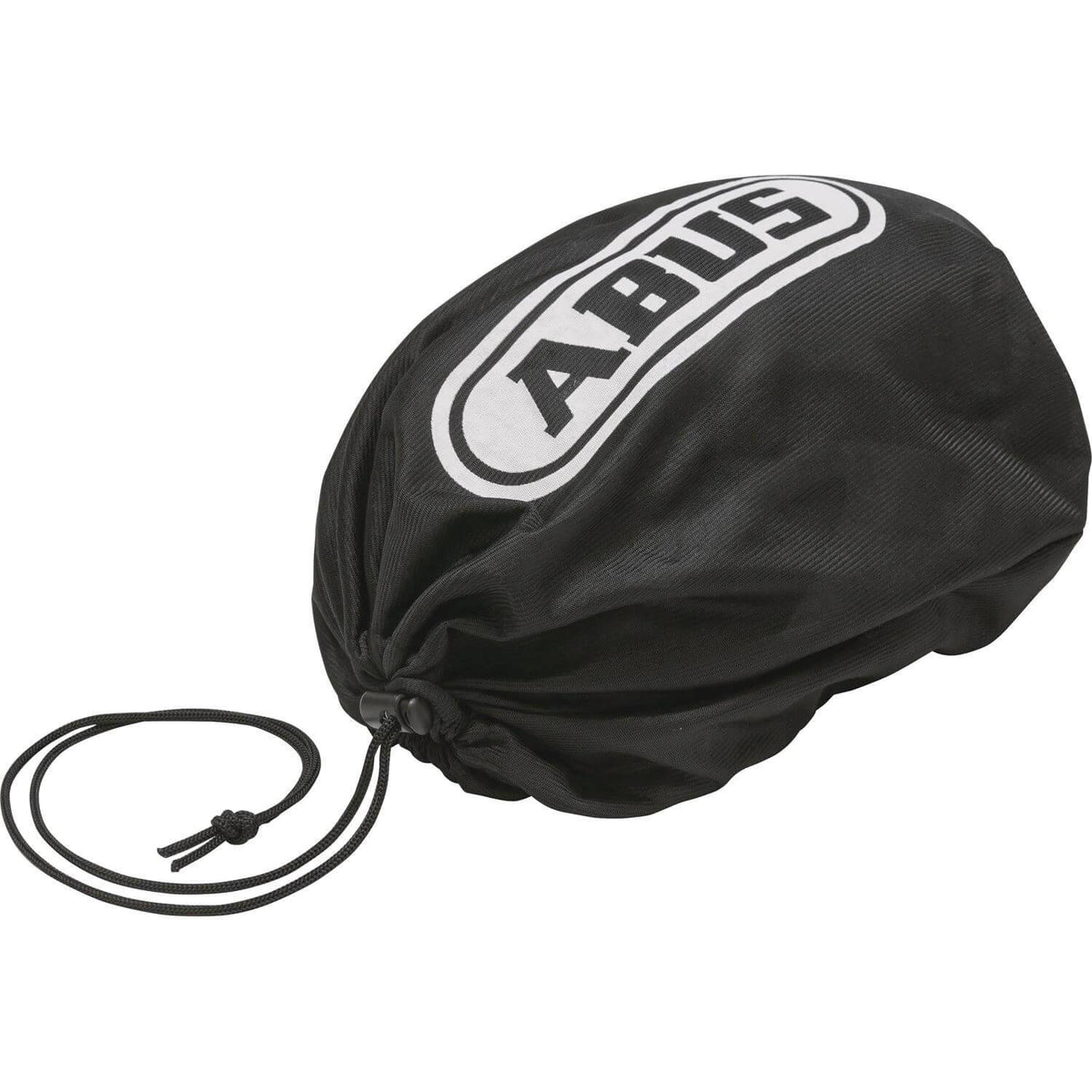 Abus helmtas met fleece binnenzijde voor fietshelmen, zwarte beschermhoes met ritssluiting en merklogo.