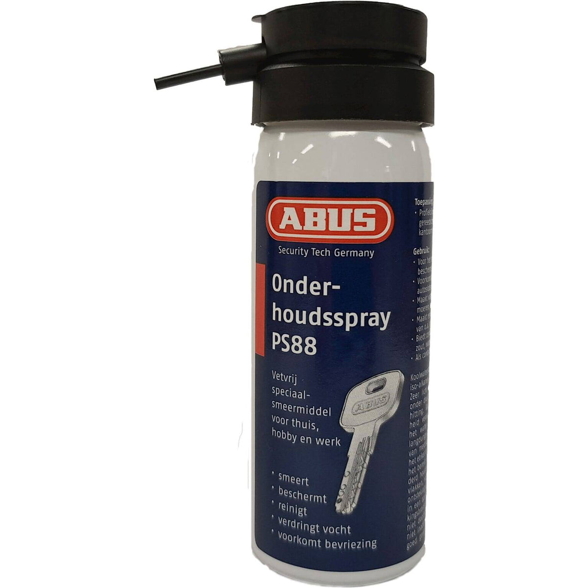 Abus onderhoudsspray PS88 voor niet-vettende smering van slotcilinders, in een sprayfles met blauwe dop.