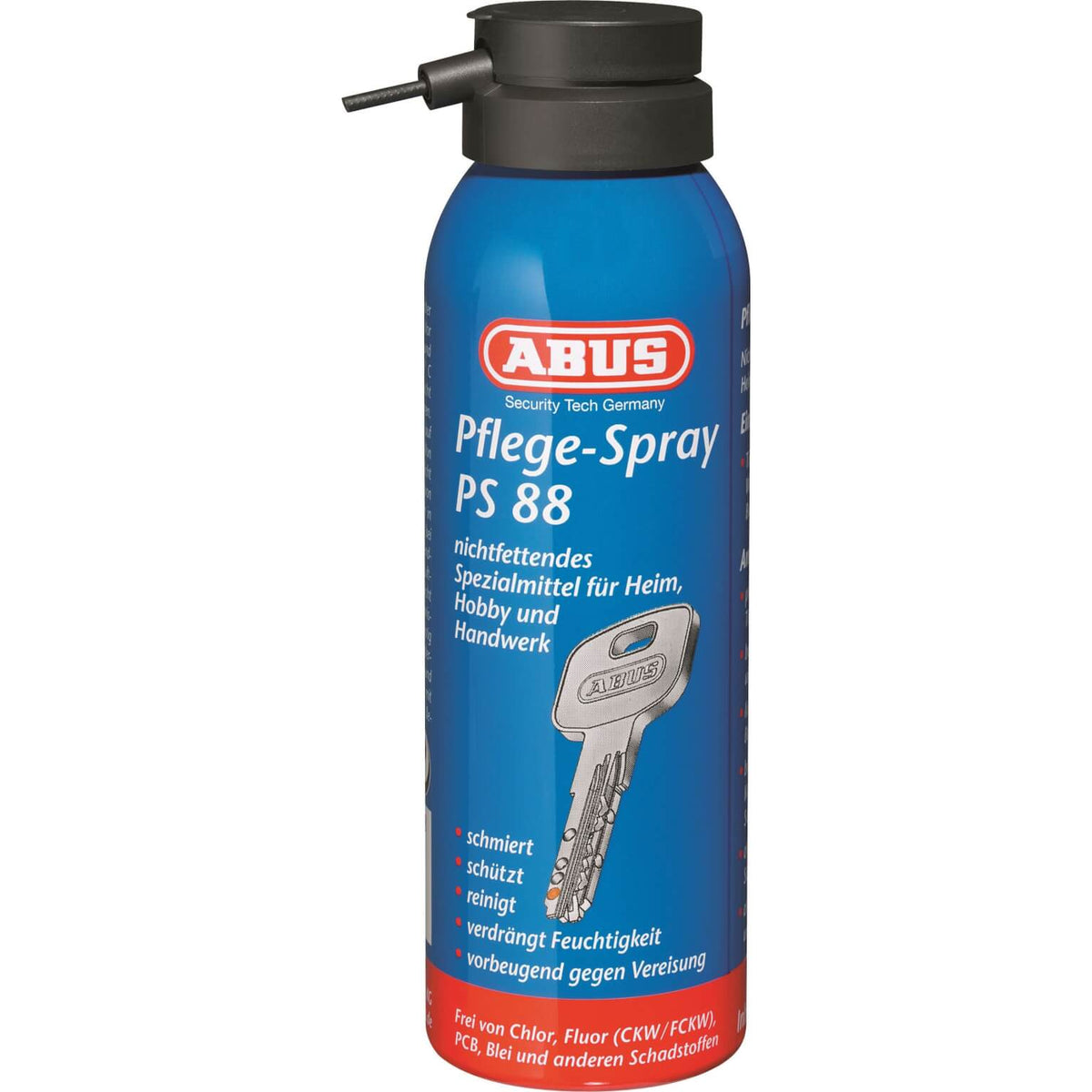 Abus PS88 125 ml slotspray, vetvrije onderhoudsspray voor kettingen en onderdelen, in een sprayfles bevestigd op een witte achtergrond.