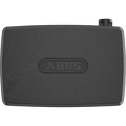 Zwarte Abus Alarmbox 2.0 voor extra beveiliging, zichtbaar op de afbeelding met merknaam en afmetingen.