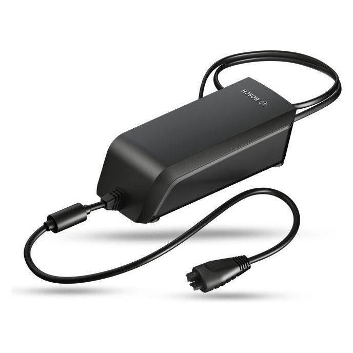 Bosch E-Bike acculader compact 2-Ampere met netsnoer, geschikt voor elektrische fietsen, zichtbaar met aansluitingen en kabel.