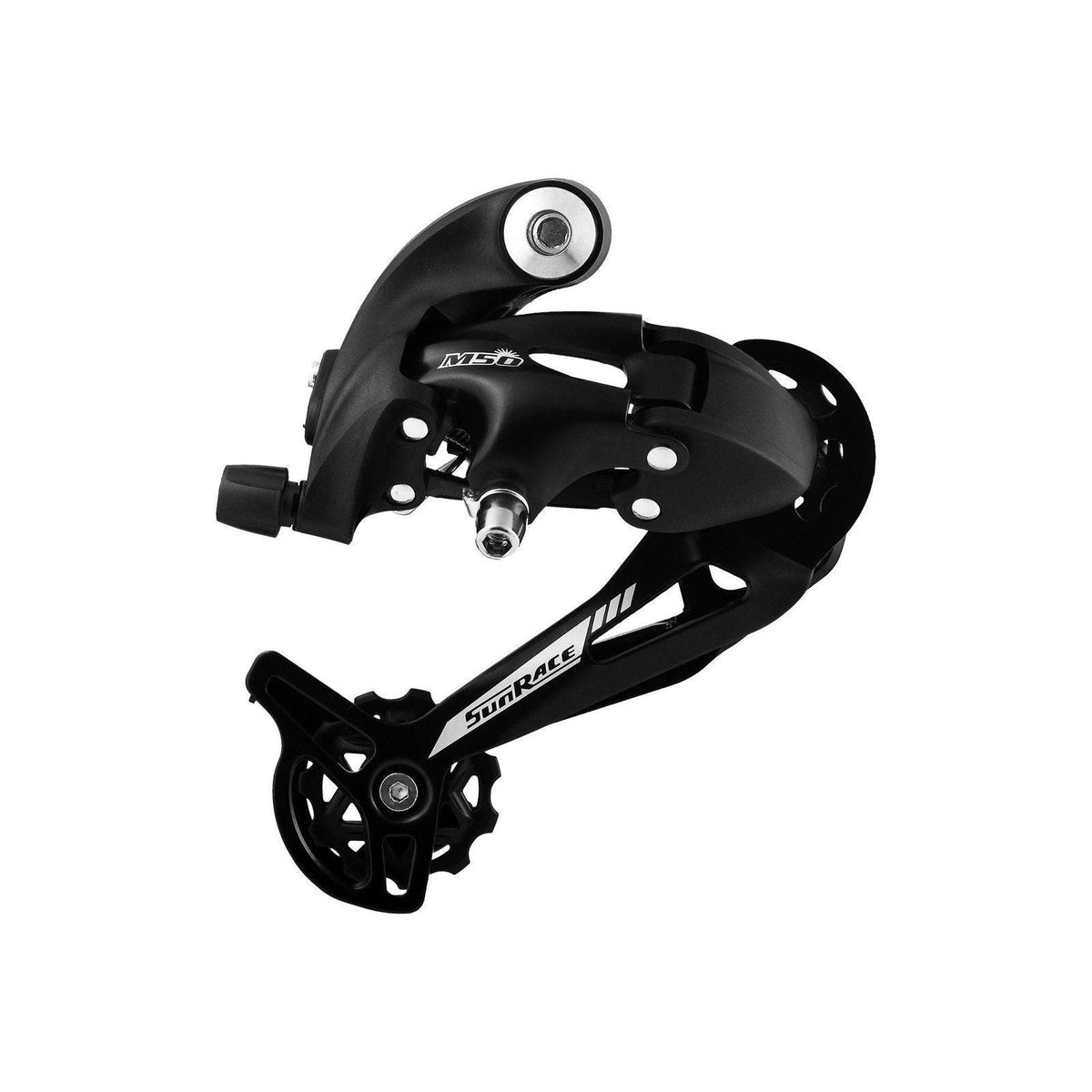 Zwarte Sunrace achterderailleur 7/8-speed met lange kooi, directe en haak montage, geschikt voor racefietsen.