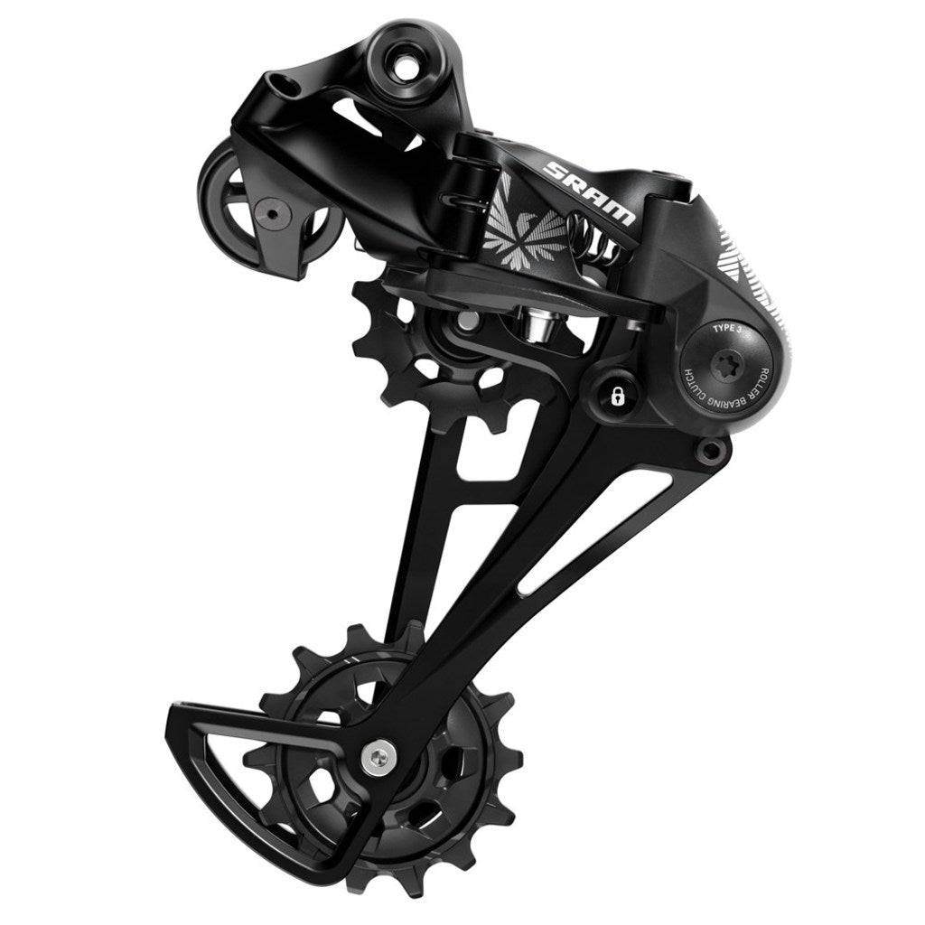 Zwarte aluminium achterderailleur Sram Nx Eagle 12V voor mountainbikes en racefietsen, zichtbaar met aandrijfmechanisme.