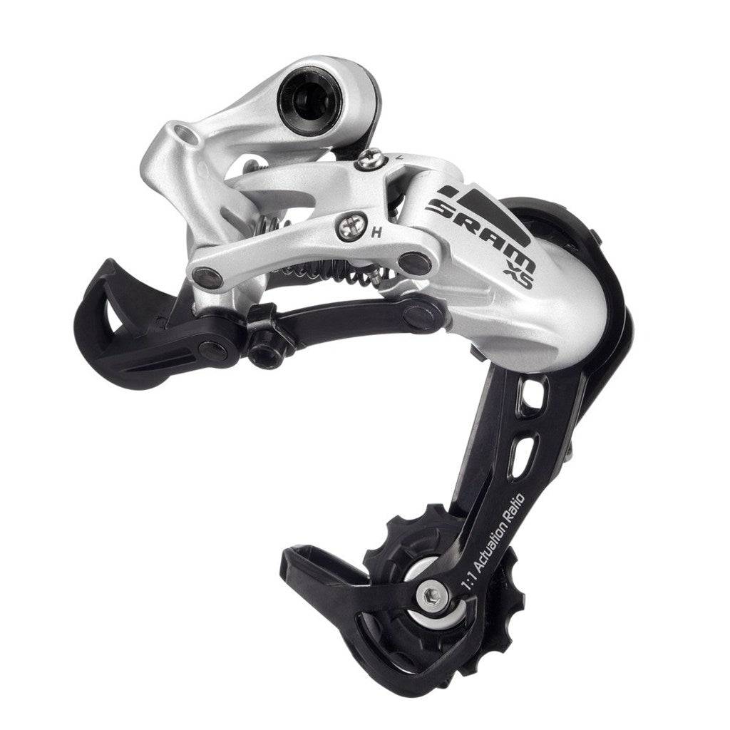 Sram X5 9V achterderailleur met medium cage, aluminium, zilverkleurig, geschikt voor mountainbikes en racefietsen